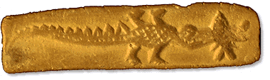 Gharial eating fish on molded terra-cotta tablet from Mohenjo-daro
