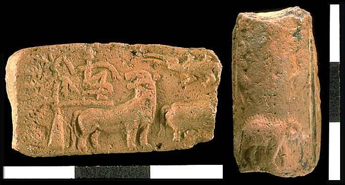 Molded terra cotta tablet (H2001-5075/2922-01) with a narrative scene of a man in a tree with a tiger looking back over its shoulder. The tablet, found in the Trench 54 area on the west side of Mound E, is broken, but was made with the same mold as ones found on the eastern side of Mound E and also in other parts of the site (see Indus Slides 89 for right hand portion of same scene). The reverse of the same molded terra cotta tablet shows a deity grappling with two tigers and standing above an elephant.