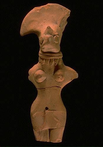 The fan-shaped headdress was one of the most commonly depicted Indus headdresses. Figurine headdresses were typically decorated in a variety of ways through the addition of terra cotta cones, twisted ropes (possibly representing hair), flowers and other applied ornaments. Approximate dimensions (W x H x D): 5.3 x 14.3 x 3.4 cm. (Photograph by Richard H. Meadow)