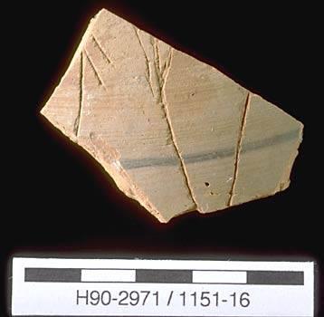 On some sherds, two signs of the Early Indus script (Kot Dijian Phase) appear together. The complete shapes of these signs can be seen on later seals carved with the Indus script (see next image). The sign on the left eventually becomes one of the most common signs of the Indus script (only part of which is preserved).