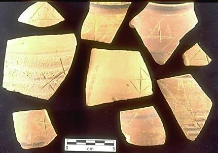 Many sherds inscribed after firing have single geometric signs. This collection of Early Harappan sherds from Periods 1 and 2 (c. 3300-2800 BC) show a range of geometric signs that are roughly similar to later signs in the Indus script.