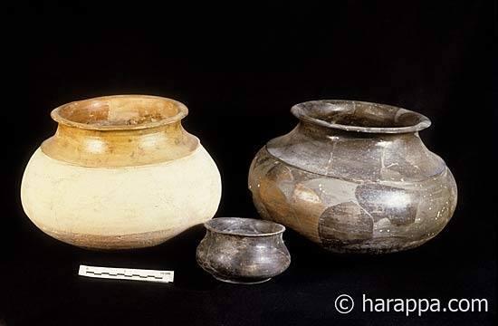 Ledge shouldered cooking pots with low neck and flaring rim. One vessel has red slip on the neck and rim, while the other is fired grey-black. A small black fired bowl is seen in the foreground. Period III, Harappan, 2300-2200 B.C.E.