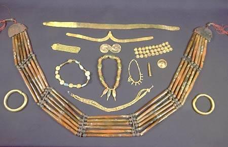 Fired steatite was an important material used in many different types of Indus jewelry. Steatite beads are found in all four necklaces in the center of this collection of jewelry from Harappa and Mohenjo-daro.