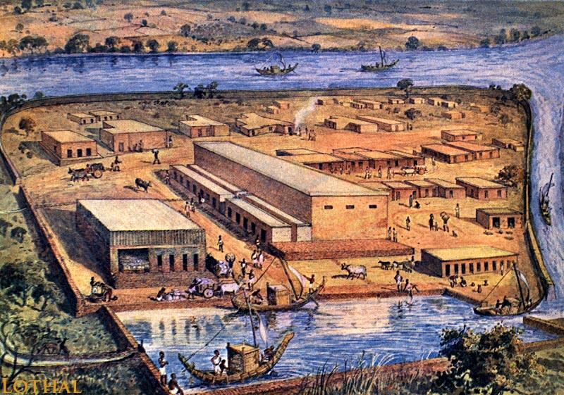 Life in Lothal four thousand years ago. This is actually not the standard imagined reconstruction of the city, but the frontispiece of excavator S.R. Rao's book Lothal and the Indus Civilization. A closer view from the same perspective - that imaginary reconstruction was no doubt based on this - it has different people and things in the fore and background.