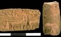 Molded terra cotta tablet (H2001-5075/2922-01) with a narrative scene of a man in a tree with a tiger looking back over its shoulder. The tablet, found in the Trench 54 area on the west side of Mound E, is broken, but was made with the same mold as ones found on the eastern side of Mound E and also in other parts of the site (see Indus Slides 89 for right hand portion of same scene). The reverse of the same molded terra cotta tablet shows a deity grappling with two tigers and standing above an elephant.