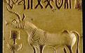 Large square unicorn seal from Mohenjo-daro. A relatively long inscription of eight symbols runs along the top of the seal. The elongated body and slender arching neck is typical of unicorn figurines, as are the tail with bushy end and the bovine hooves. This figure has a triple incised line depicting a pipal leaf shaped blanket or halter, while most unicorn figures have only a double incised line. The arching horn is depicted as if spiraling or ribbed, and the jowl is incised with multiple folds.(Kenoyer)