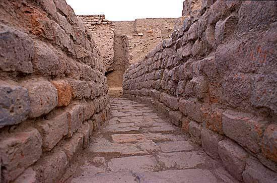 This view along Drain [8] into the mound shows details of the brick construction, the robbed out area at the east end of the drain (background), sloping strata above indicating the existence of an open street drain along the same line as the earlier baked brick drain, and the later Period 3C architecture built after the open drain was filled in and the area leveled. The bricks from the eastern part of the drain were robbed by tunneling into the sediment along the line of the drain from the East.