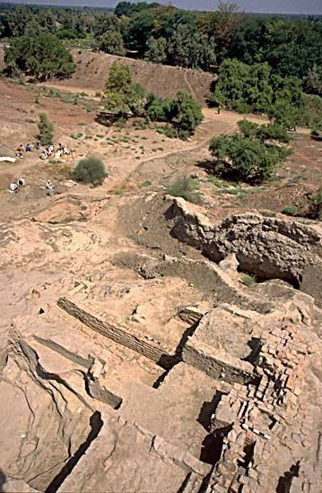 A portion of a large brick drain was discovered beneath the Harappan wall on Mound AB. This drain runs E-W and would probably have emptied into a larger N-S drain that flowed to the North through a now-missing gateway.