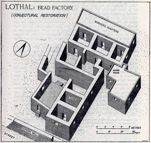 "A mud-brick structure consisting of a central courtyard and elven rooms of varying sizes was built in Block F on the western flank of the Acropolis. It served as a bead factory where several lapidaries worked together on a central platform and lived in the rooms built around it. A couple of store-rooms and a guard room were also provided within the factory premises." ((S.R. Rao, Lothal and the Indus Civilization, p. 68).