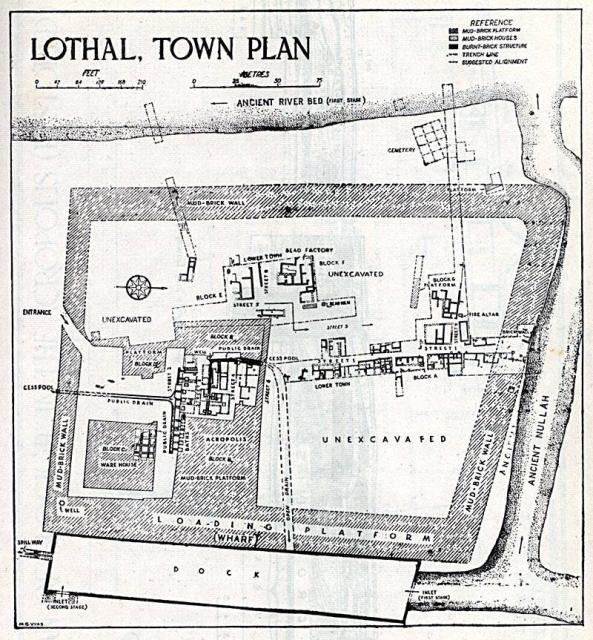 "The two major sectors of the city are the Acropolis and the Lower Town, the former comprising Blocks B, C and D, and the latter Blocks A, E, F, and G. While Block A formed the main bazaar and Block B was occupied by the ruler, the warehouse was built in Block C. The artisans, famers and merchants lived in the reamining blocks." (S.R. Rao, Lothal and the Indus Civilization, p. 62)