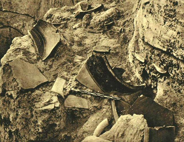 In the lower levels of the mound, showing fragments of the Kot Dijian ware