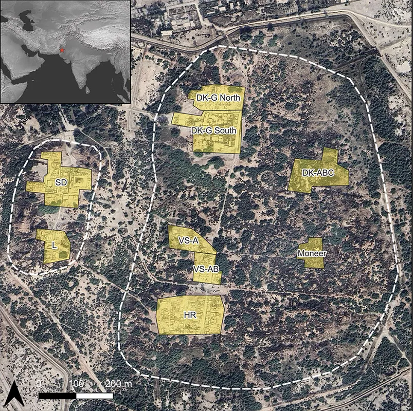 Mohenjo-daro and its excavation areas (figure by authors; basemap consists of Google Earth Imagery © 2026; inset basemap is from Natural Earth).