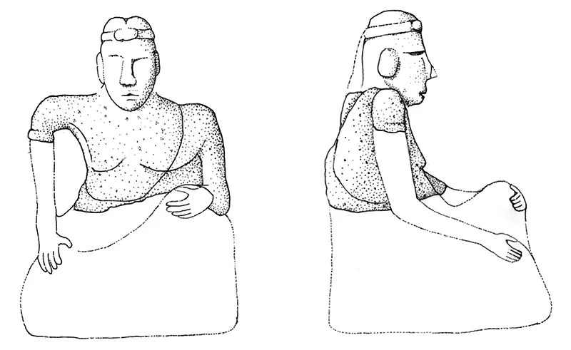 Conjectural graphic reconstruction of the likely original setting of the Zahedan torso as a Priest King
